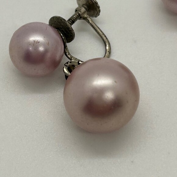 Vtg Pink Faux Pearl Drop Dangle Earrings 925 Screw-Back MCM 1940-50s 5.2 Grams - Picture 5 of 16